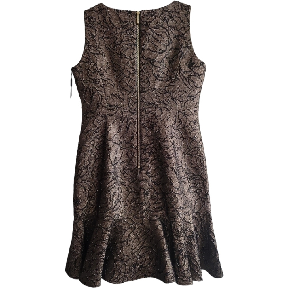 NWT Calvin Klein Brocade Flounce-Hem Sheath Dress 12 Gold Black Metallic Glamour - Picture 6 of 9